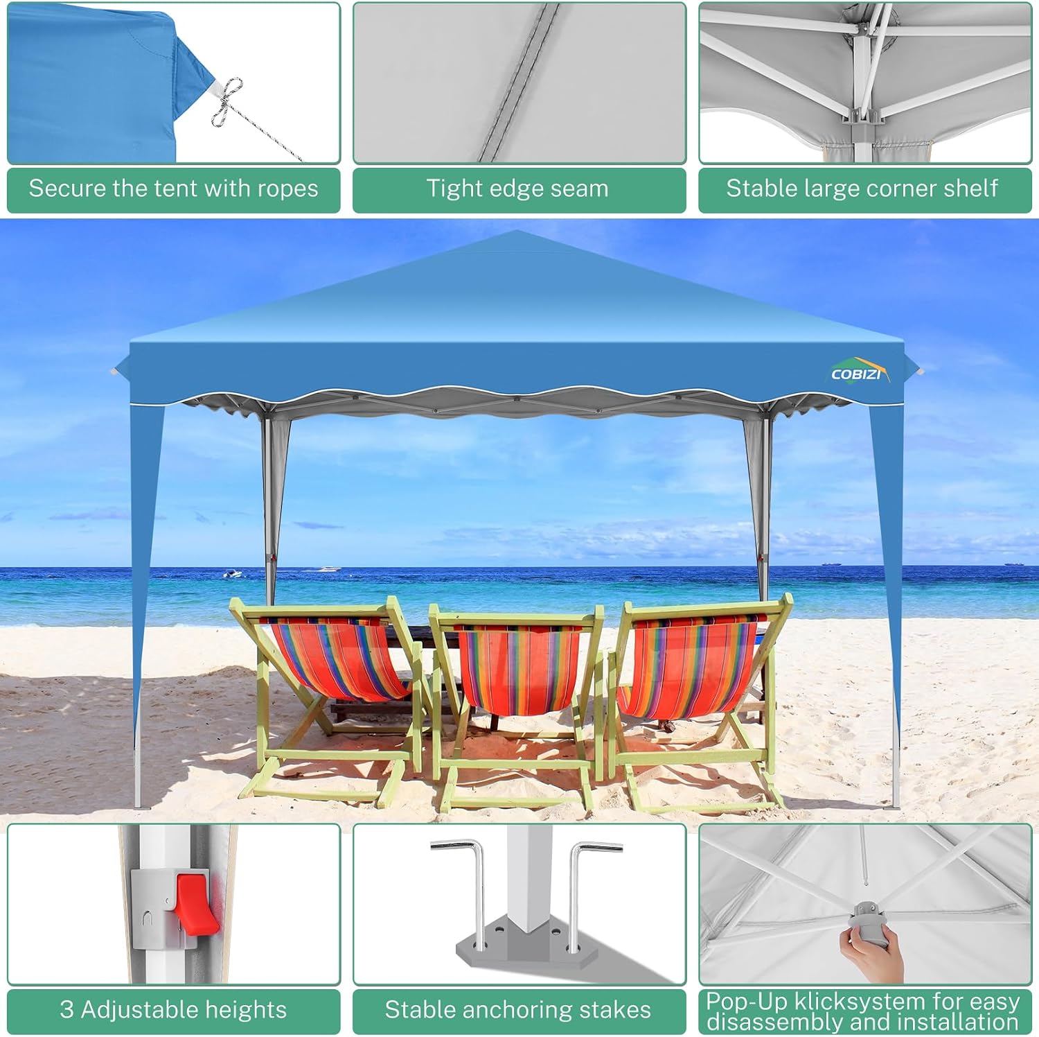 COBIZI 10x20 Heavy Duty Pop up Canopy Tent with 6 sidewalls Easy Up Commercial Outdoor Wedding Party Tents for Parties All Season Wind & Waterproof Gazebo Roller Bag, Sky Blue(Frame Thickened)