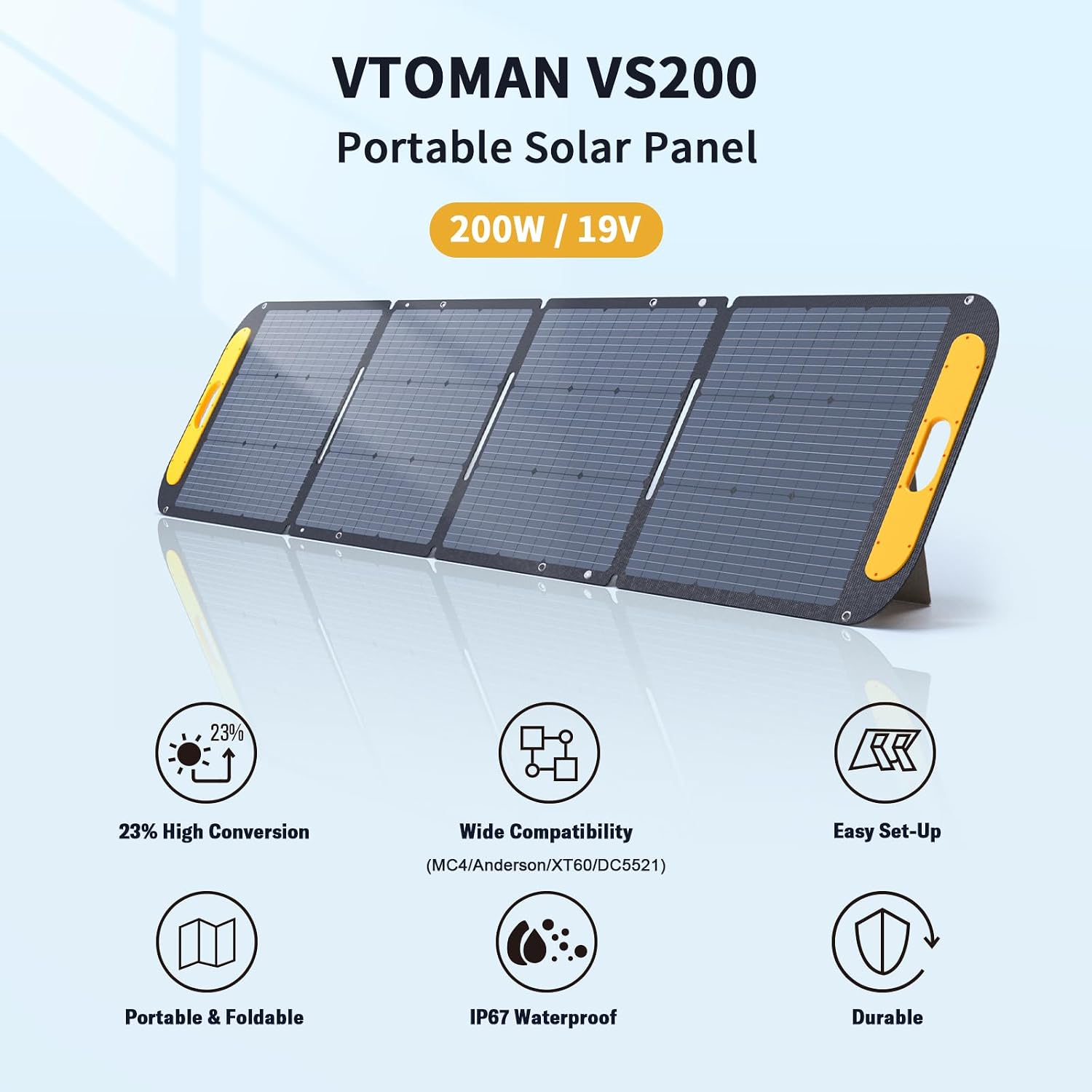 VTOMAN VS200 Portable Solar Panel for Power Station, 200W 19V Foldable Solar Panel w/Supporting Stand, High 23% Efficiency IP67 Waterproof Solar Panel Kit for Backyard Trip Off Grid System