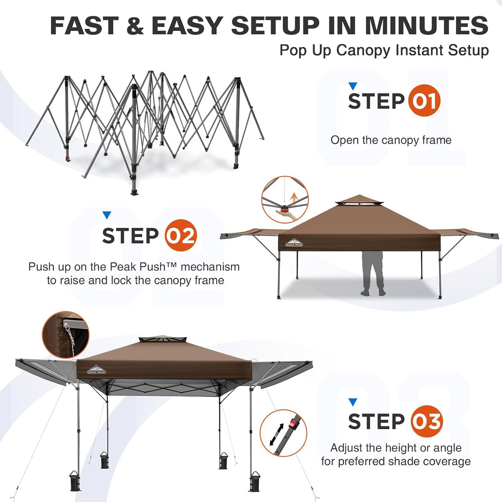 EAGLE PEAK 17x10 Pop up Gazebo Canopy Tent Outdoor Instant Canopy Shelter with Adjustable Dual Half Awnings (Brown)