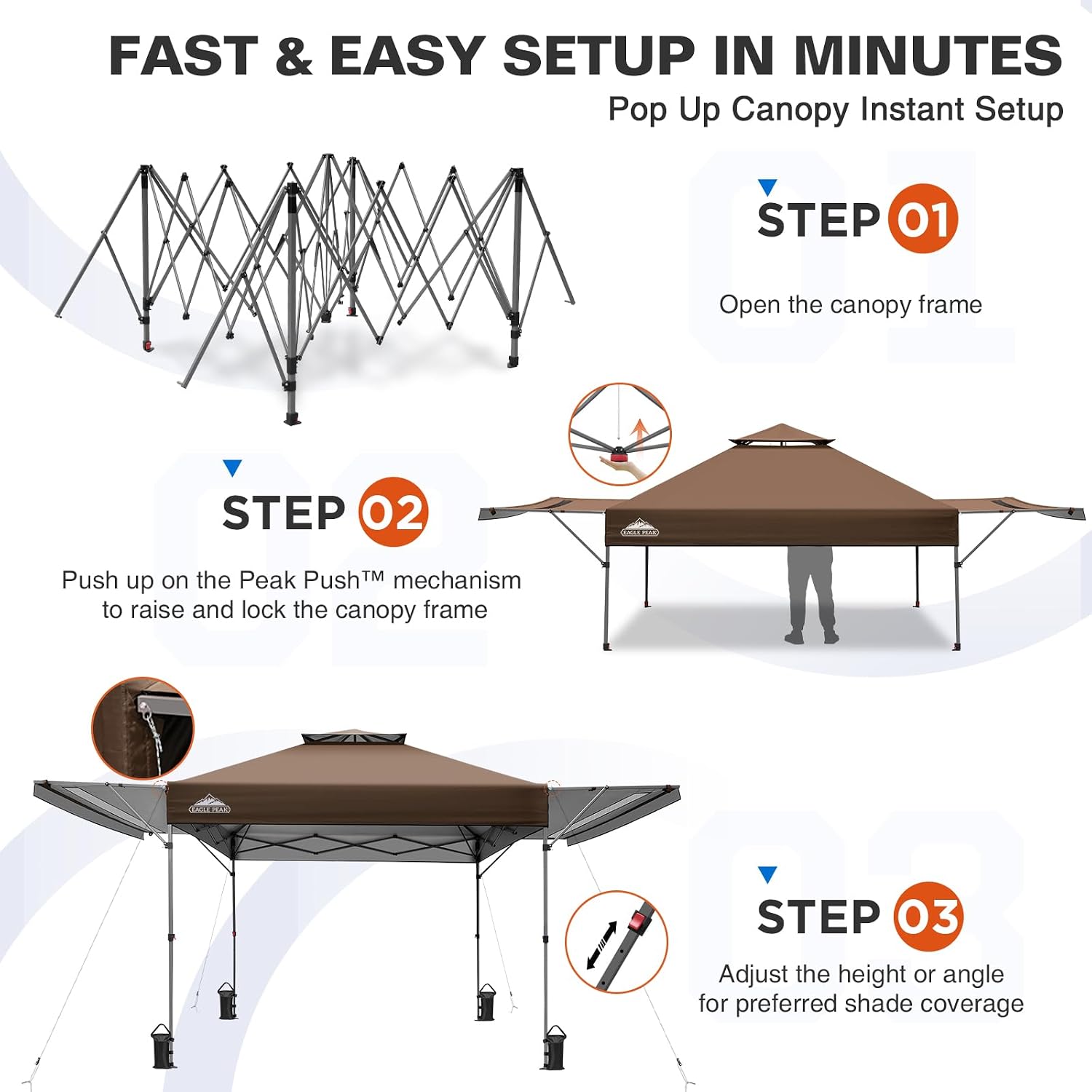 EAGLE PEAK 17x10 Pop up Gazebo Canopy Tent Outdoor Instant Canopy Shelter with Adjustable Dual Half Awnings (Brown)