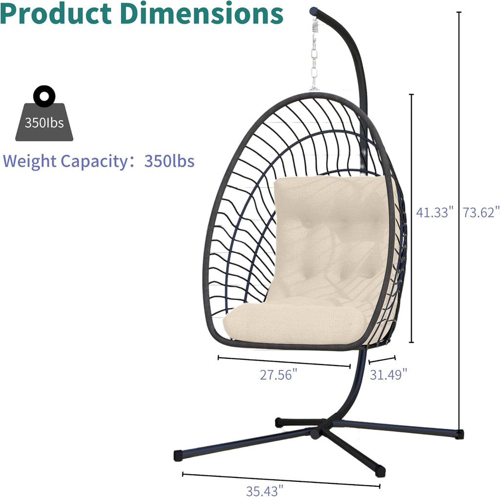 Kingdura Hanging Egg Chair with Stand Indoor Outdoor, Foldable Rattan Wicker Hammock Egg Swing Chair for Bedroom Porch Patio Garden, Thickened Cushion, 350LBS Capacity, Heavy Duty Frame
