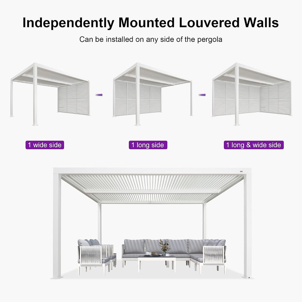 PURPLE LEAF Louvered Pergola 10' x 14' Outdoor White Aluminum Pergola with Fixed Shutter Wall Adjustable Roof Gazebo for Patio Backyard, 1 Short Side