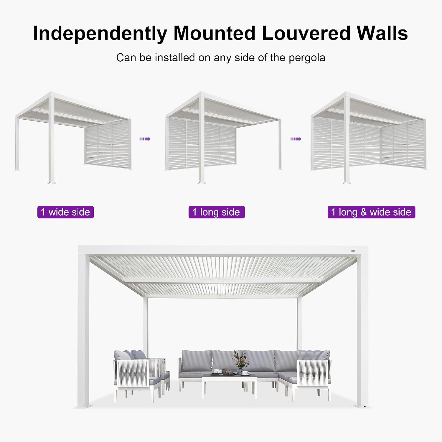PURPLE LEAF Louvered Pergola 10' x 14' Outdoor White Aluminum Pergola with Fixed Shutter Wall Adjustable Roof Gazebo for Patio Backyard, 1 Short Side