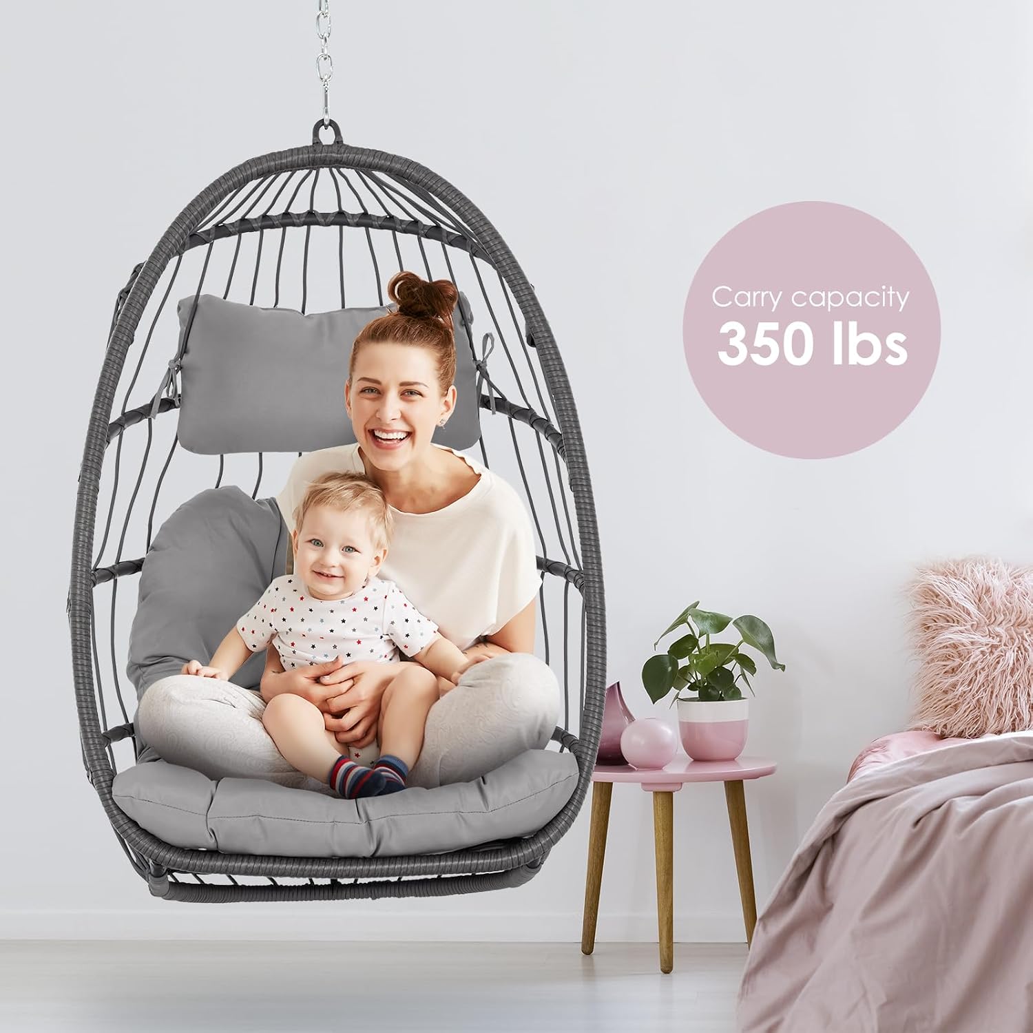 Hanging Egg Chair Without Stand - Foldable Indoor Outdoor Wicker Rattan Swing Egg Chair with Hanging Chain Hammock Chair - UV Resistant Cushions & Aluminum Frame for Bedroom Patio Camping (Grey)