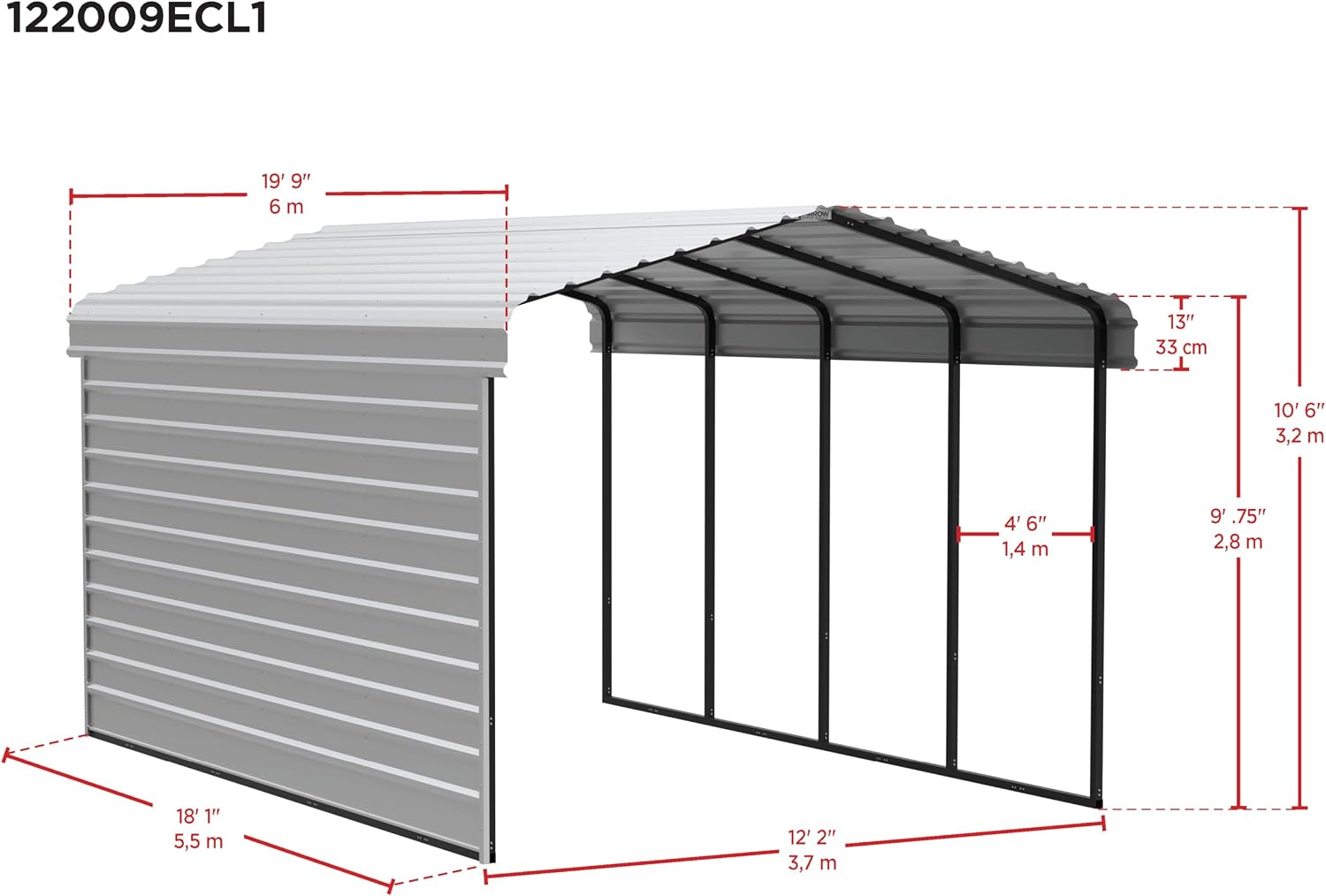 Arrow Carports Galvanized Steel Carport, with 1-Sided Enclosure, Compact Car Metal Carport Kit, 12' x 20' x 9', Charcoal