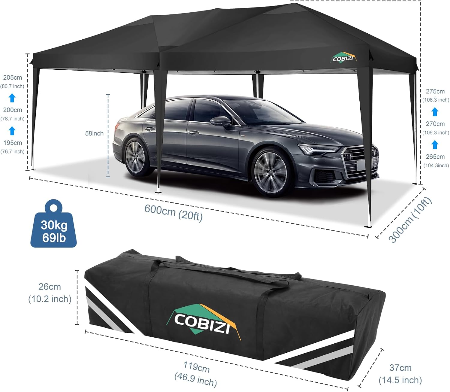 COBIZI 10x20 Pop Up Canopy Tent One Push Setup UV Protection 50+ Waterproof Party Tents for Parties Wedding Outdoor Commercial Event Gazebo Portable Instant Tent for Backyard Camping Carport,Black
