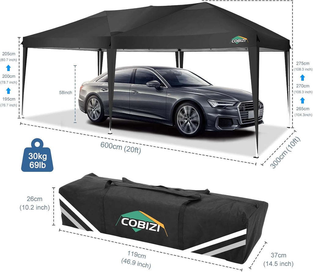 COBIZI Canopy 10x20 Pop Up Canopy Tent 10x20ft Waterproof Party Tent Ez Up for Parties Wedding Outdoor Commercial Event Gazebo Portable Instant for Backyard Camping Carport, Black