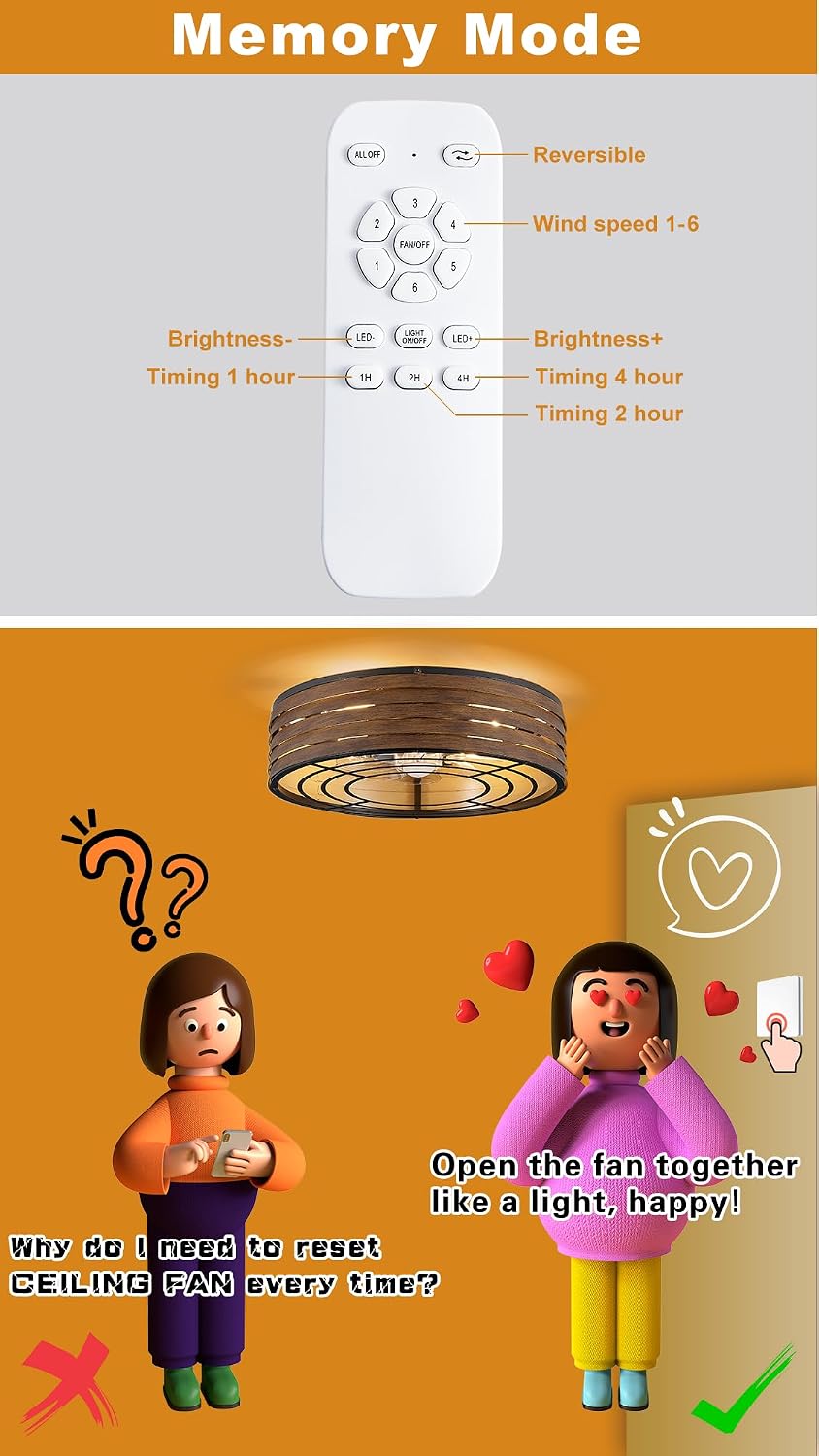 20'' Flush-Mount Ceiling Fan with Dimmable Light and Memory Remote Control, Reversible Motor, Perfect for Bedroom, Kitchen, Outdoor Gazebo, Patio, Low-Profile Woodern Walnut Design Cage