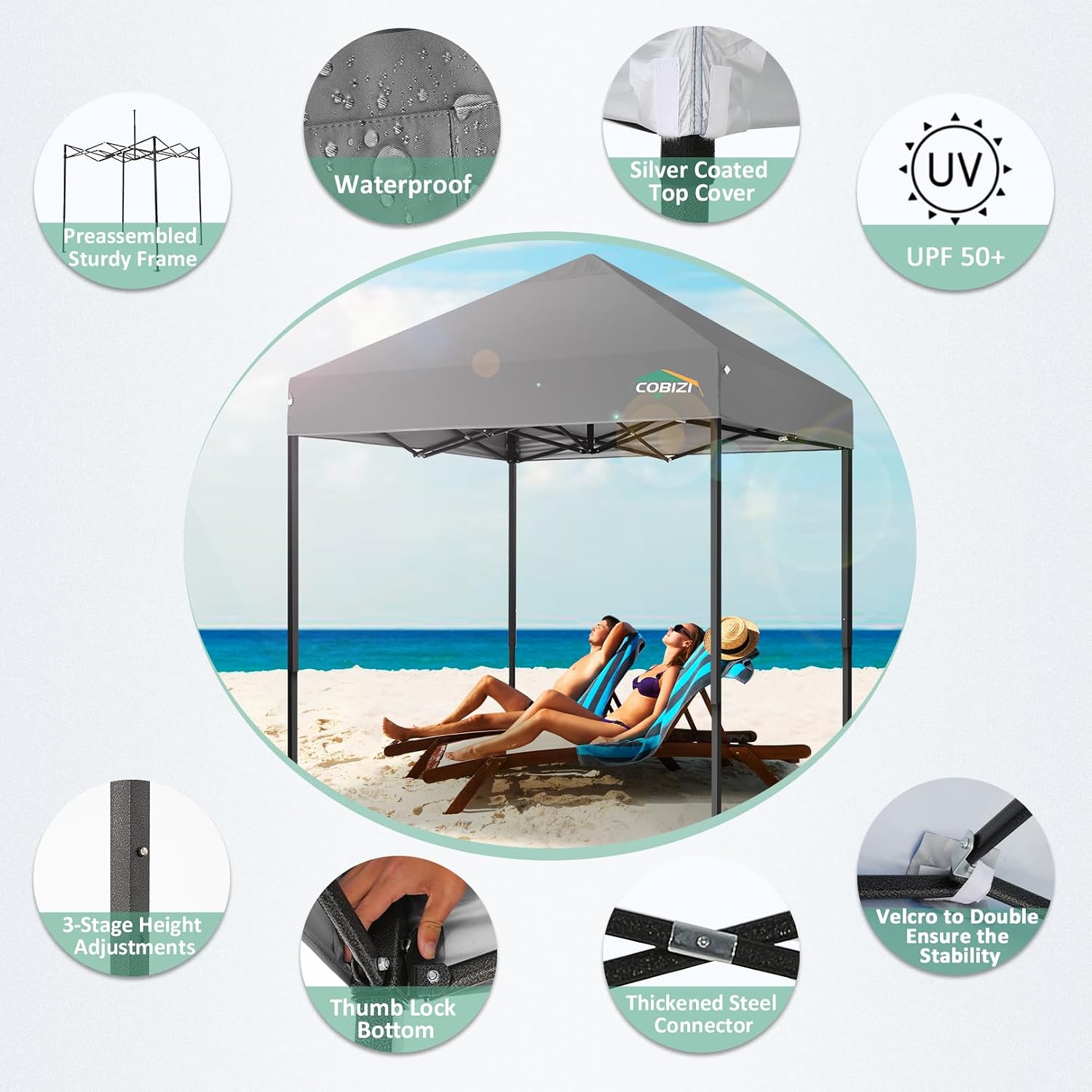 COBIZI 6.6x6.6ft Pop Up Canopy, Heavy Duty Tent Canopy Easy Set up All Weather Waterproof Outdoor Canopy Tent for Parties, Beach, Garden, Camping with 1 Handbag, 3 Adjustable Heights, UPF50+, Grey