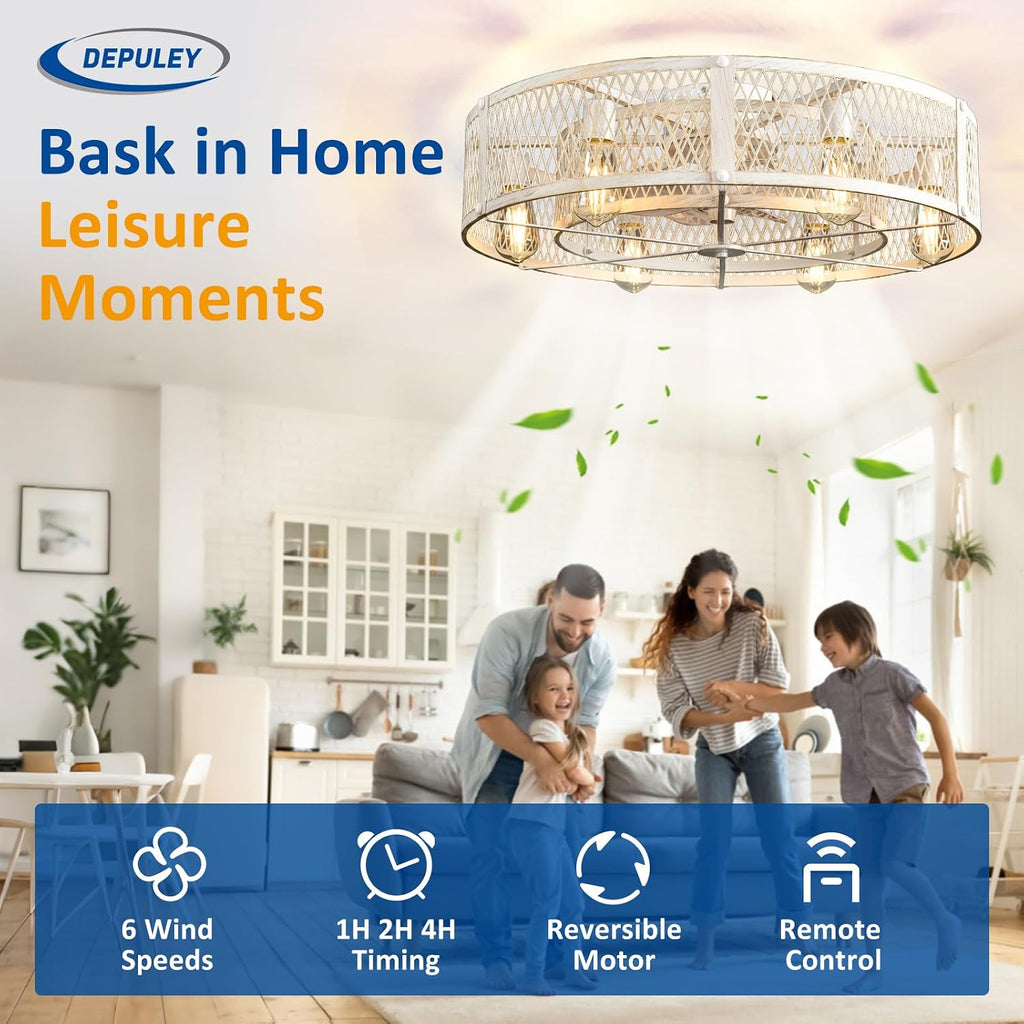 Depuley Flush Mount Ceiling Fan: 26' Caged Ceiling Fans with Lights and Remote Control for Kitchen Bedroom Farmhouse - Rustic Low Profile Ceiling Fandelier Lights Reversible 6 Speed Timer Cement