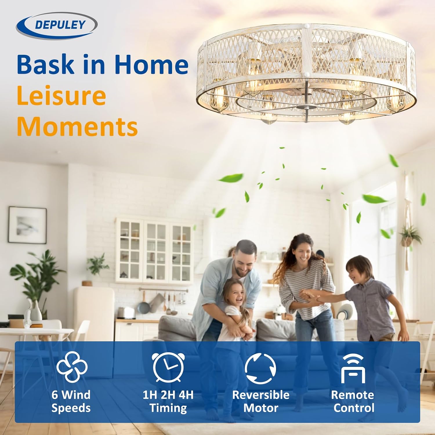 Depuley Flush Mount Ceiling Fan: 26' Caged Ceiling Fans with Lights and Remote Control for Kitchen Bedroom Farmhouse - Rustic Low Profile Ceiling Fandelier Lights Reversible 6 Speed Timer Cement