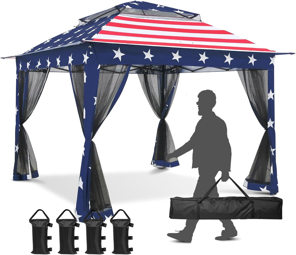 11x11 Pop Up Gazebo Tent with Mesh Netting, Instant Outdoor Canopy with UPF 50+ UV Protection, Water Resistant, American Flag