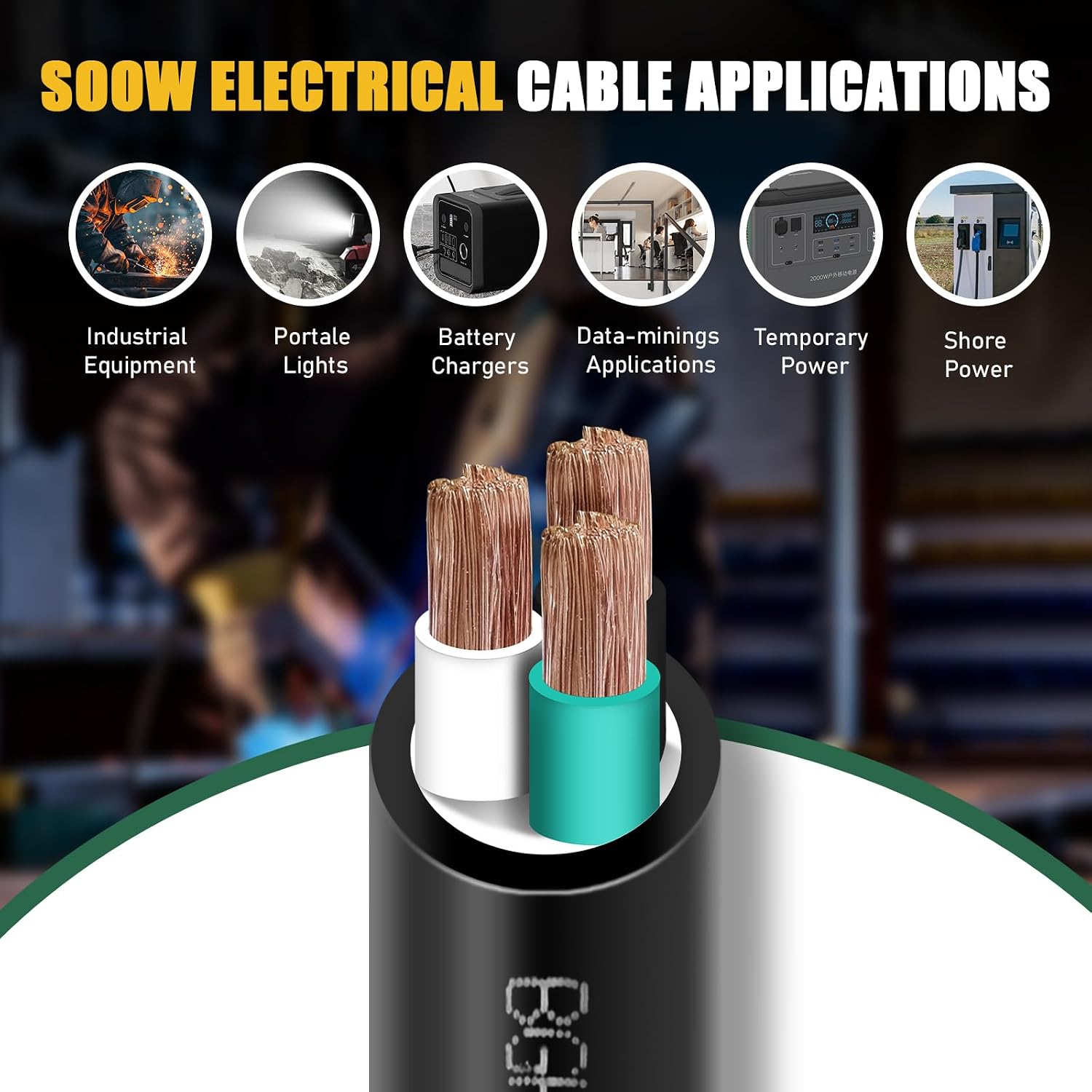 200ft 10/3 10 AWG Portable Power Cable (3 Conductor) - SOOW 600V 10 Gauge Electric Wire for Generator, Portable Lights, RV/EV Car Battery Chargers and Machinery - 200 Feet Electrical Cord