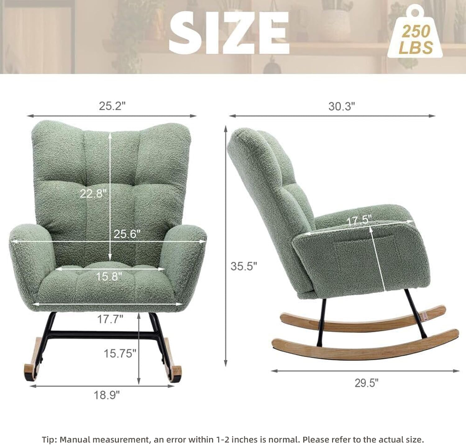 Nursery Rocking Chair Teddy Upholstered Glider Rocker Rocker Accent Chair with High Backrest Armchair Comfy Side Pocket Modern Rocking Accent Chairs for Living Room, Nursery, Office-Green