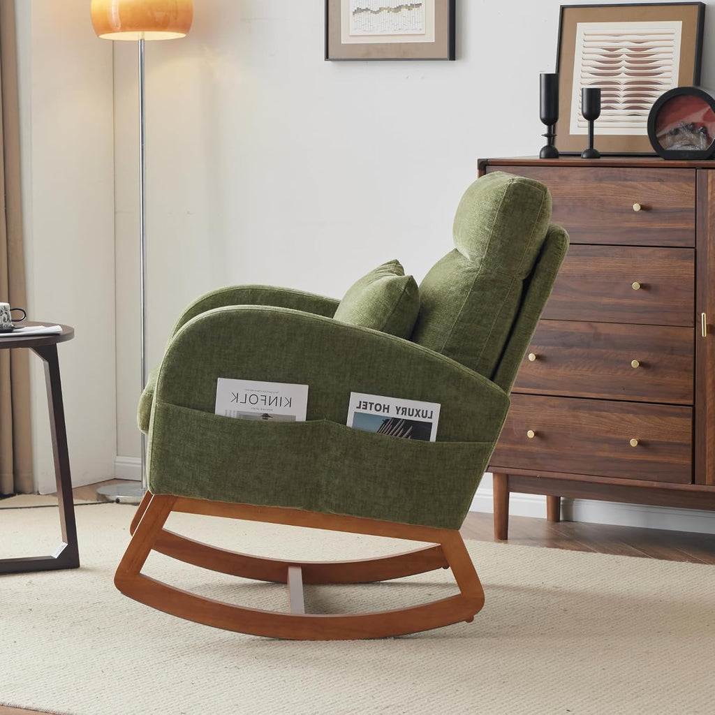 VINGLI Olive Chenille Rocking Chair Nursery with Thick Headrest, Upholstered Mid-Century Modern Nursing Rocker Glider with Curved Armrest, Sturdy Solid Wood Base for Living Room, Bedroom, Baby Room