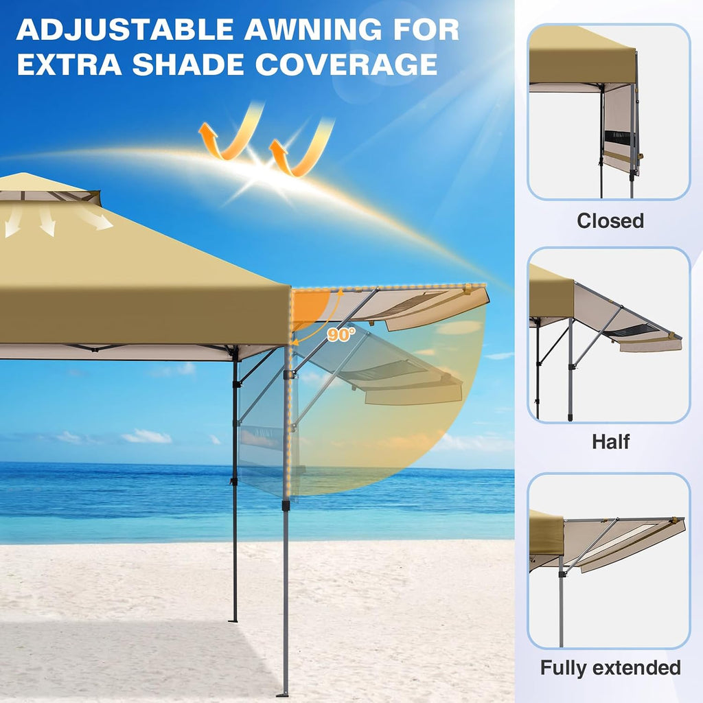 EAGLE PEAK 17x10 Pop up Gazebo Canopy Tent Outdoor Instant Canopy Shelter with Adjustable Dual Half Awnings (Beige)