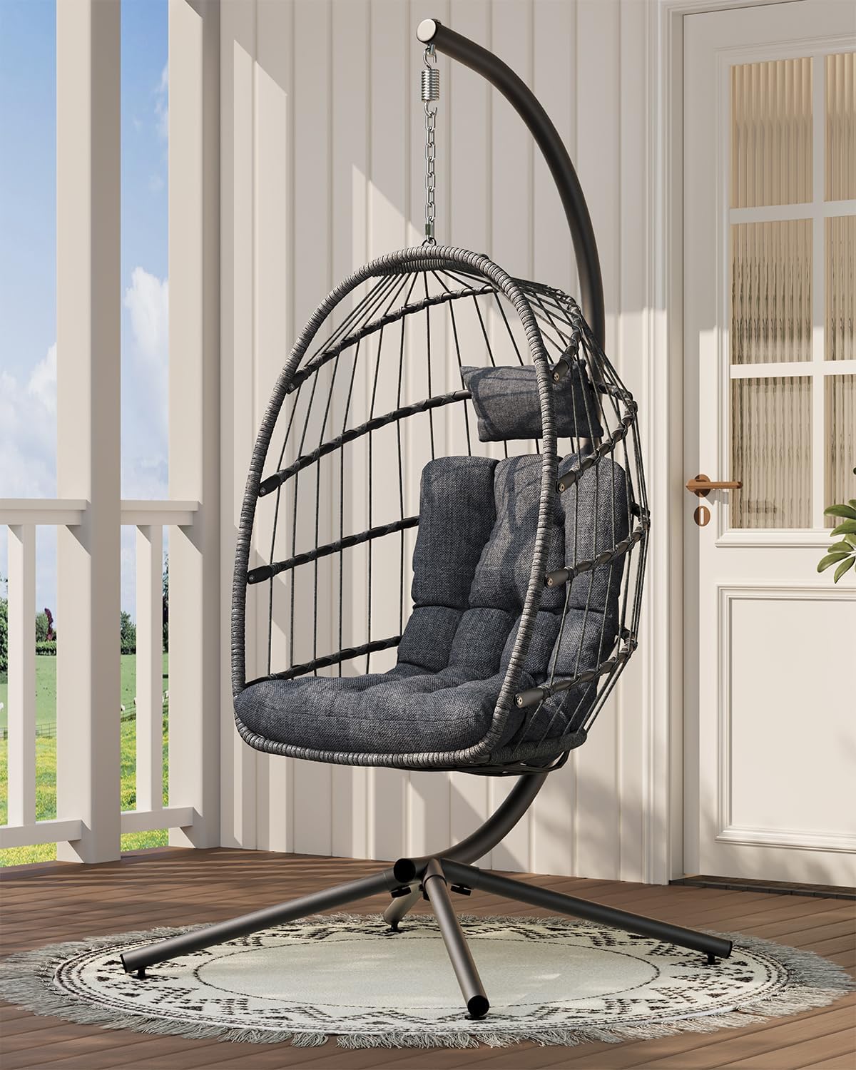 Hanging Egg Chair with Stand, Indoor Outdoor Wicker Patio Egg Swing Chair with Cushion for 350LBS Capacity, Hanging Hammock Chair for Bedroom, Garden, Porch - Dark Grey