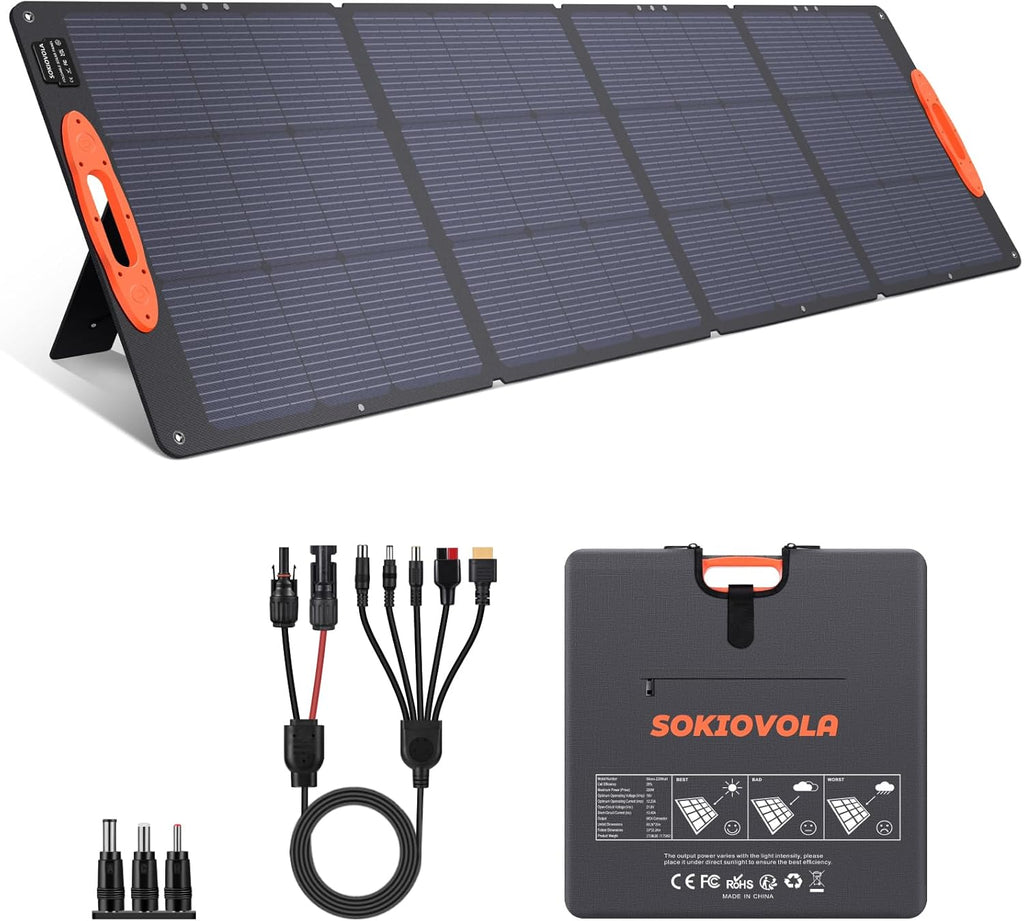 SOKIOVOLA N-Type 16BB 220W Portable Solar Panel for EF/Jackery/Bluetti/Anker Power Station, IP68 Waterproof Foldable Solar Panel ETFE 25% High Efficiency for Outdoor Camping RV Trip