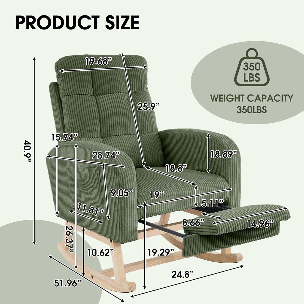 NIOIIKIT Nursery Rocking Chair, Corduroy Upholstered Rocking Chair with Adjustable Footrest, Tufted Rocker Chair with Side Pocket, Glider Rocker for Living Room, Bedroom (Green Retro)