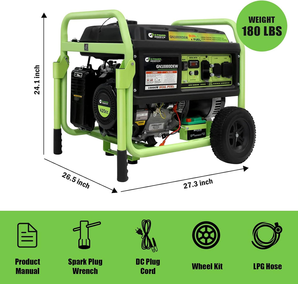Green-Power America 10000 Watt Dual Fuel Portable Generator, Gas/Propane Powered, Electric Start, Home Backup & RV Ready
