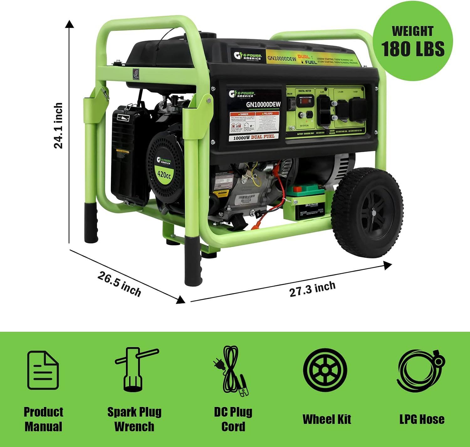 Green-Power America 10000 Watt Dual Fuel Portable Generator, Gas/Propane Powered, Electric Start, Home Backup & RV Ready