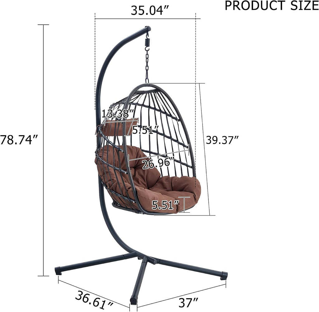 Hanging Egg Chair with Stand, Outdoor Swing Chair with Cushion and Headrest, Rattan Egg Chair for Backyard, Balcony, Indoor, 300lbs Capacity, Black