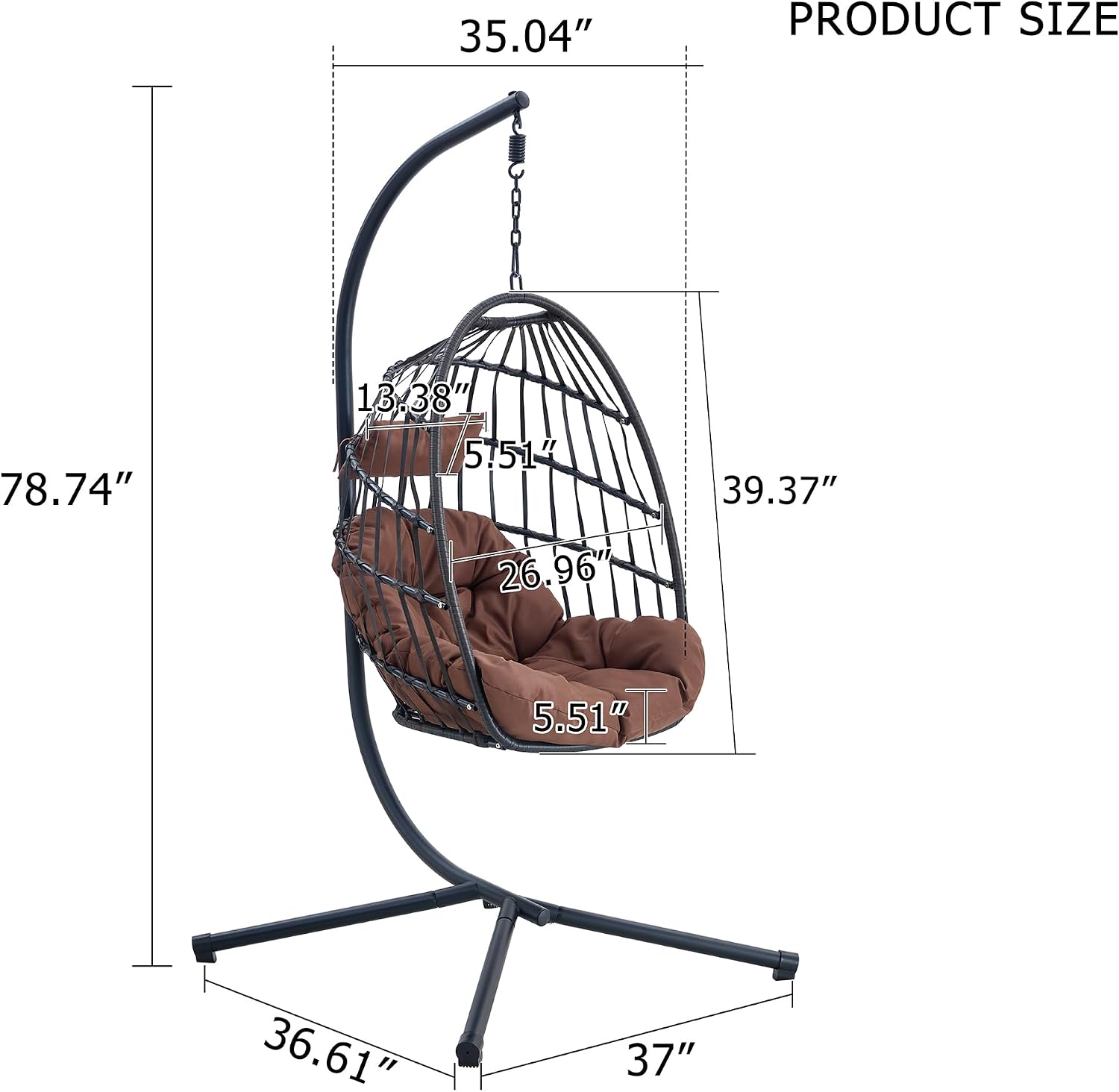 Hanging Egg Chair with Stand, Outdoor Swing Chair with Cushion and Headrest, Rattan Egg Chair for Backyard, Balcony, Indoor, 300lbs Capacity, Black