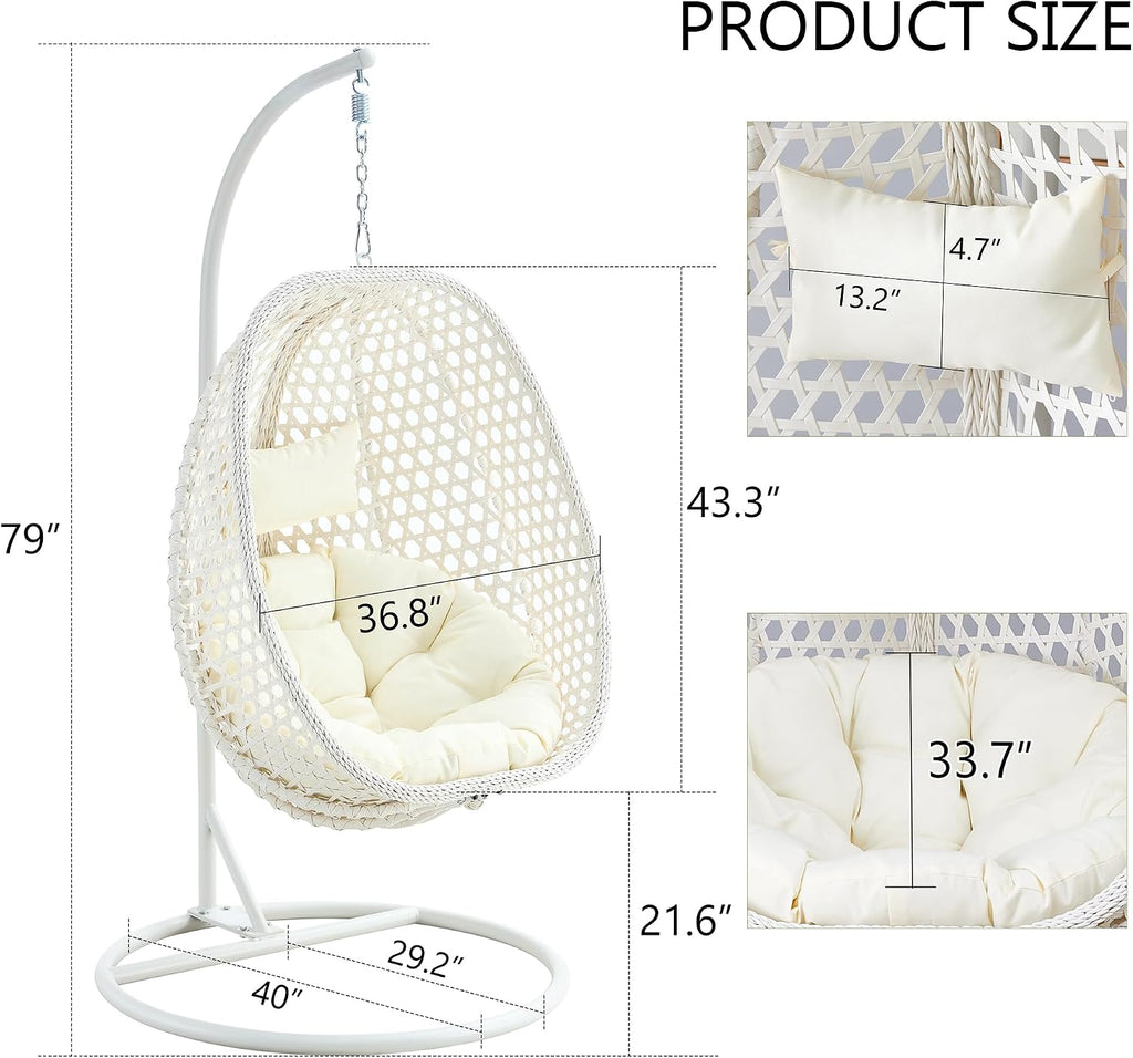 Egg Swing Chair Outdoor with Stand, Hanging Egg Rattan Basket Chair with Cushion and Pillow, Lounge Chairs, Foldable Basket and Metal Stand for Porch, Patio, Bedroom, Balcony,Yard (White)