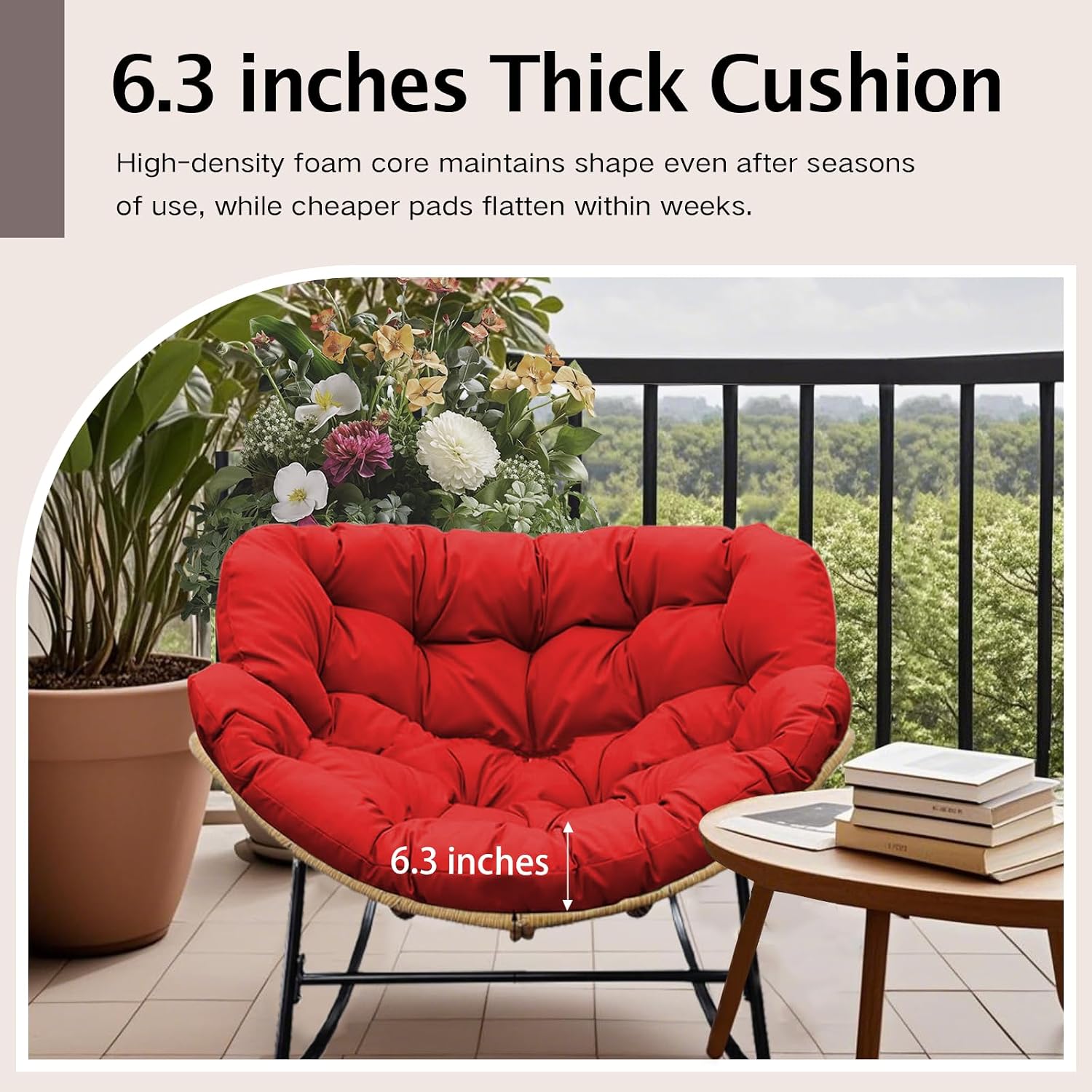 Thickened Waterproof Papasan Rocking Chair Cushion – 6.3'' Patio Egg Chair Pad with Ties, Outdoor/Indoor Rattan Hammock Chair Cushion for Porch, Garden, Balcony (Only Cushion) (Red)
