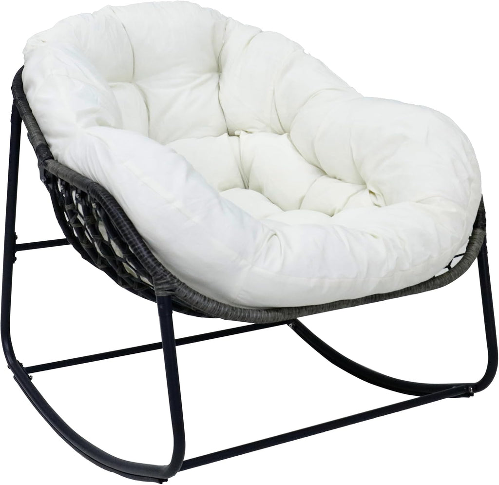 Deluxe Patio Rocking Chair with Padded Cushion, Oversized Rattan Egg Rocking Chair, Indoor & Outdoor, Rocker Recliner Chair for Front Porch, Garden, Patio, Backyard (61611842-1)