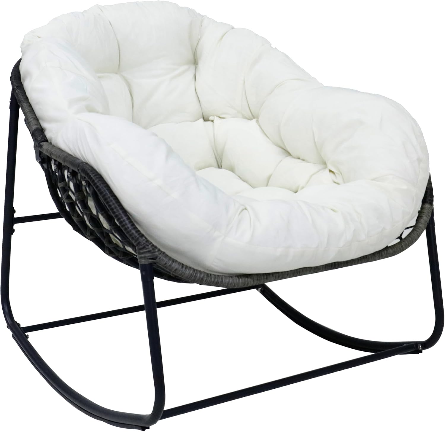 Deluxe Patio Rocking Chair with Padded Cushion, Oversized Rattan Egg Rocking Chair, Indoor & Outdoor, Rocker Recliner Chair for Front Porch, Garden, Patio, Backyard (61611842-1)