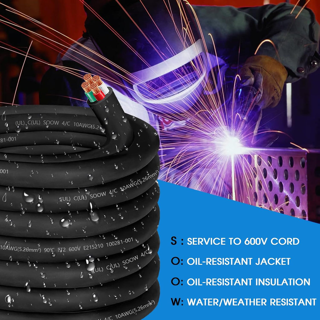 50ft 10/4 Wire 10AWG SOOW Wire 10 Gauge,10/4 Portable Power Cable 10 Gauge 4 Conductor Electric Cable SOOW Extension Cord for NEMA 14-30amp Generator,Welder,Portable Light,EV Car Charger,Motor Lead