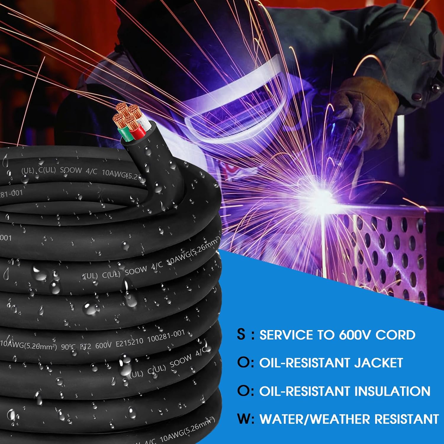 50ft 10/4 Wire 10AWG SOOW Wire 10 Gauge,10/4 Portable Power Cable 10 Gauge 4 Conductor Electric Cable SOOW Extension Cord for NEMA 14-30amp Generator,Welder,Portable Light,EV Car Charger,Motor Lead