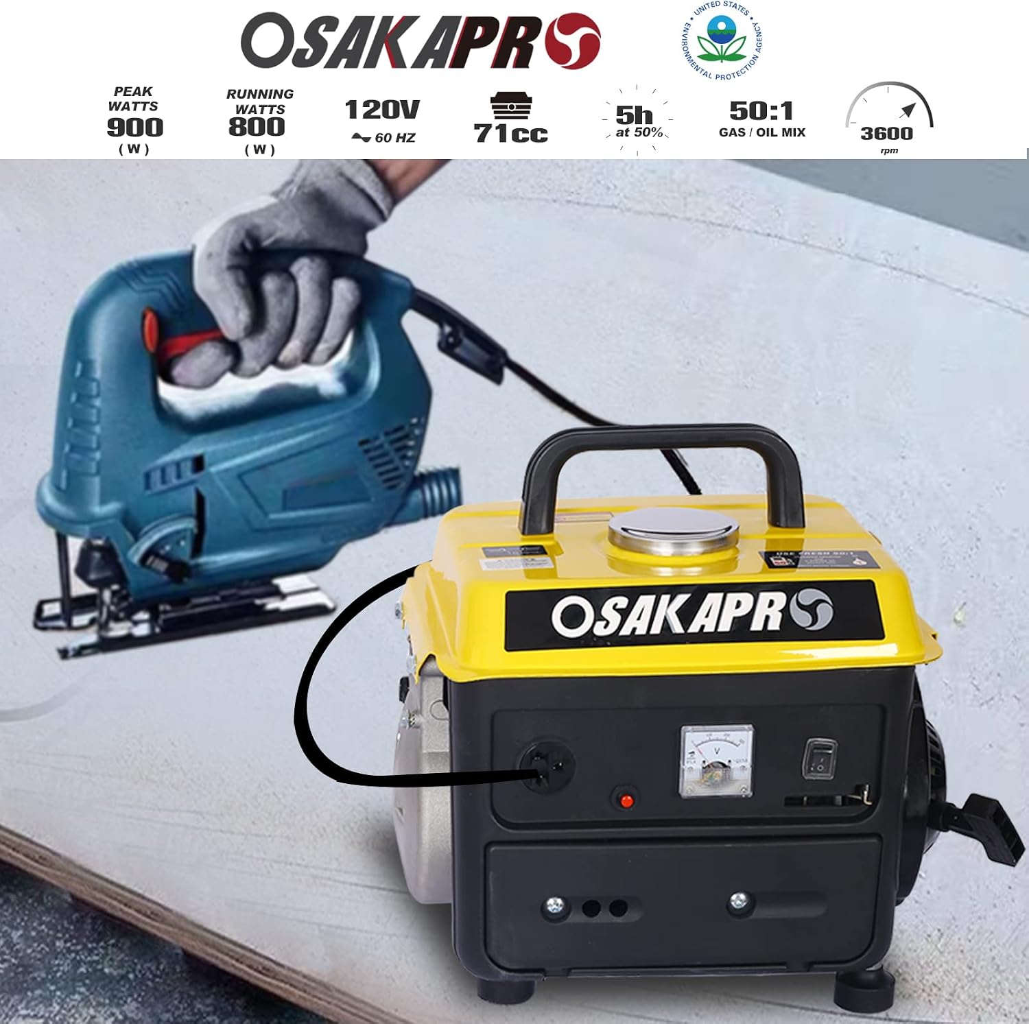 Portable Outdoor Generator, Low Noise Gas Powered Generator for Home Use, 71CC 2-Stroke Engine, 800-Watt Rated Power, EPA Compliant, Perfect for Camping & Tailgating-Yellow