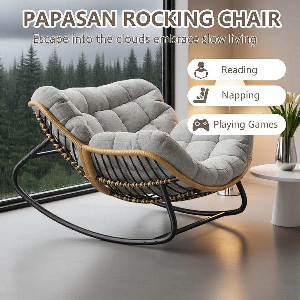 Oversized Papasan Rocking Chair with Extra Thick Cushion, Rattan Wicker Egg Chair for Indoor & Outdoor Use – Cozy Swivel Lounge Chair for Patio, Living Room, Bedroom, or Porch, Grey