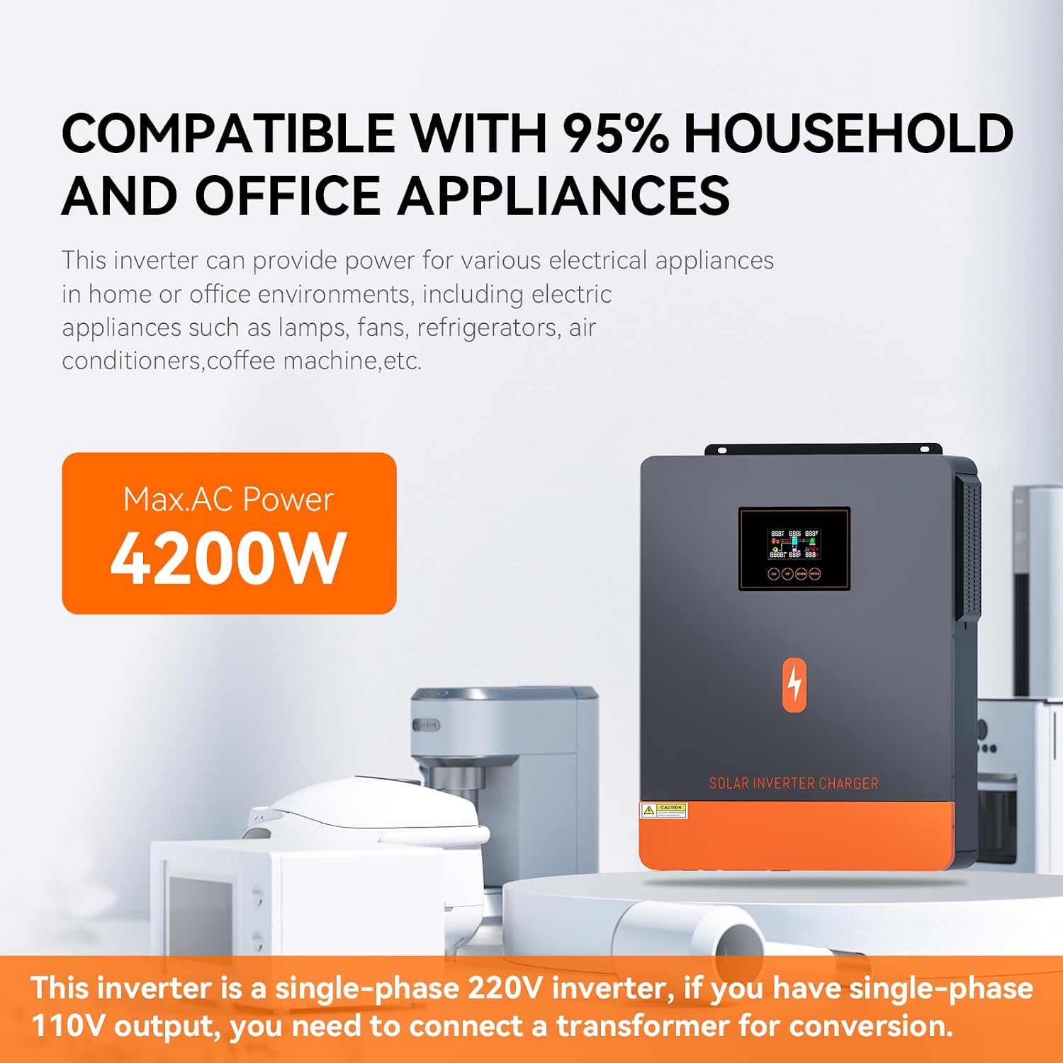 4200W Solar Inverter, 24VDC to 220/230VAC, Off-Grid All-in-One Charger Hybrid Inverter, w/ 120A MPPT Controller, Max PV Array 6200W, Max PV Array 500Vdc, for 24V Lead Acid & Lithium Battery, Home, RV