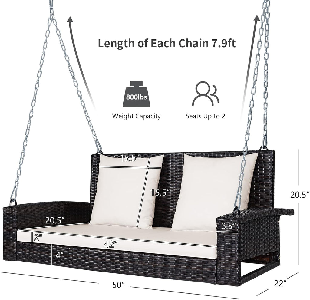 RELAX4LIFE Porch Swing 2-Seat Patio Rattan, Wicker Porch Swings Outdoor W/Two 7.9 Ft Solid Steel Chain, Comfortable Back & Seat Cushions, for Front Porch, Garden, Backyard Patio Swing (Beige)