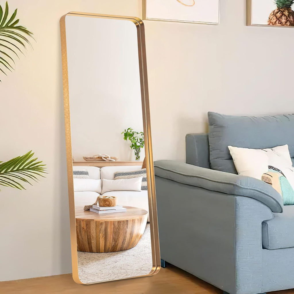 NeuType Full Length Mirror, 63'x20' Floor Mirror Full Body Dressing Mirror Round Corner, Hanging or Leaning Against Wall Large Rectangle Wall Mounted Deep Set Aluminum Alloy Frame for Bedroom, Gold