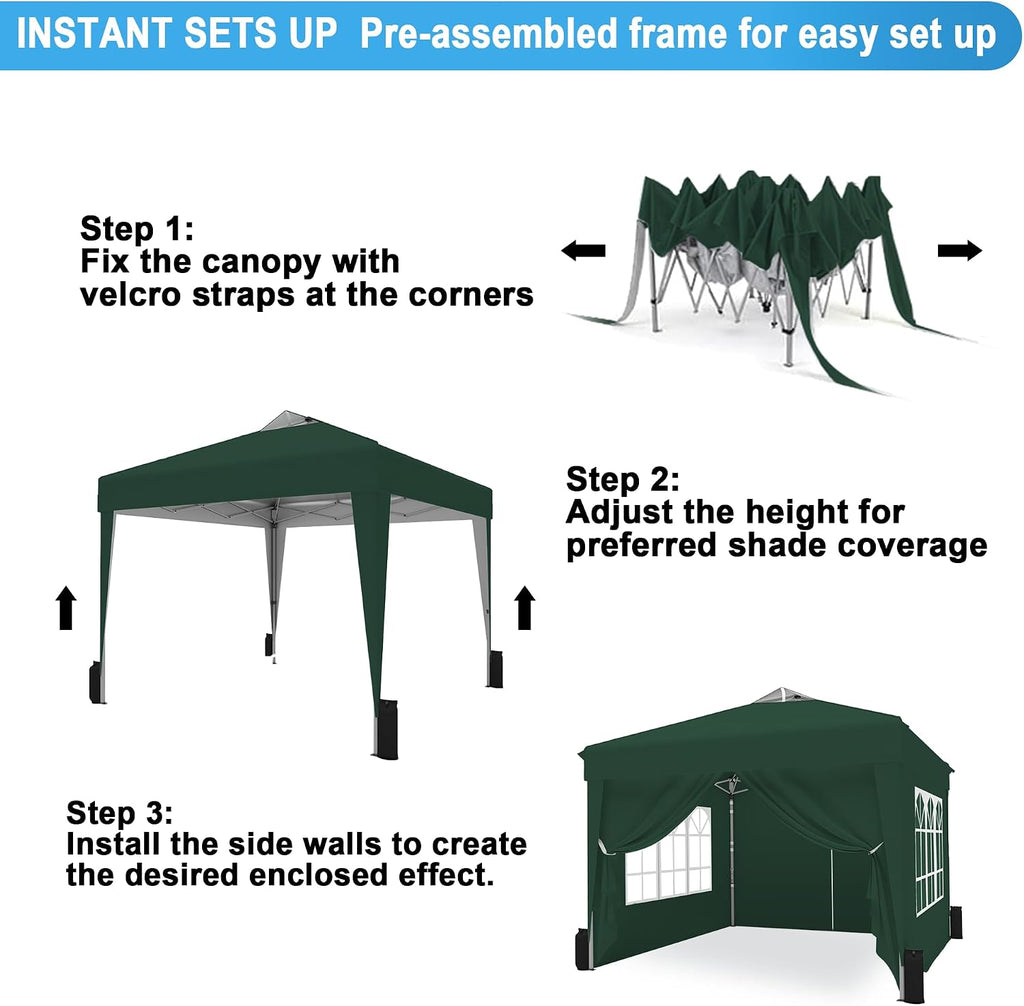 SANWAY 10x10 Pop Up Canopy Tent with Sidewalls x 4 – Easy Setup Canopy Tent, Waterproof, UV-Resistant, Portable with Carry Bag for Outdoor Events, Camping, and Backyard Parties – Dark Green