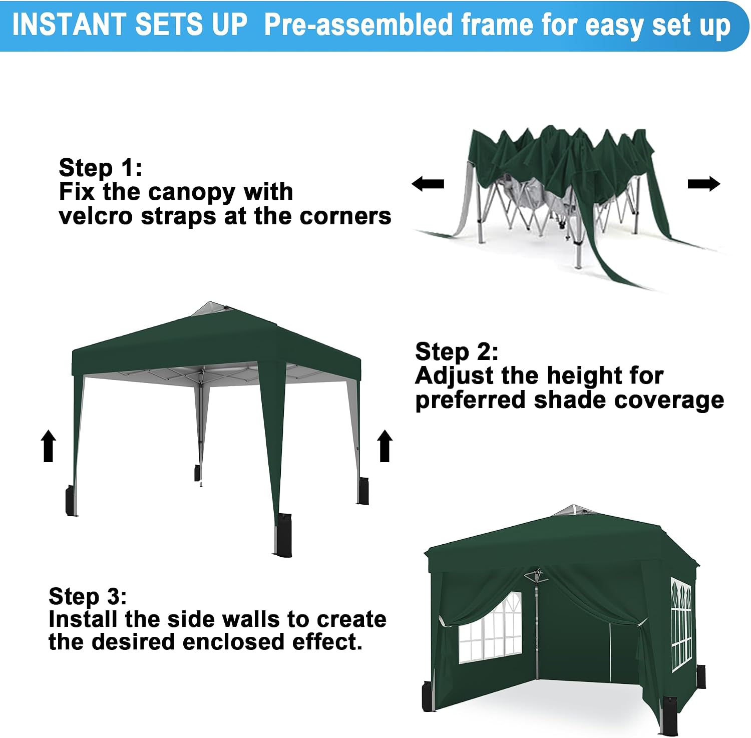 SANWAY 10x10 Pop Up Canopy Tent with Sidewalls x 4 – Easy Setup Canopy Tent, Waterproof, UV-Resistant, Portable with Carry Bag for Outdoor Events, Camping, and Backyard Parties – Dark Green