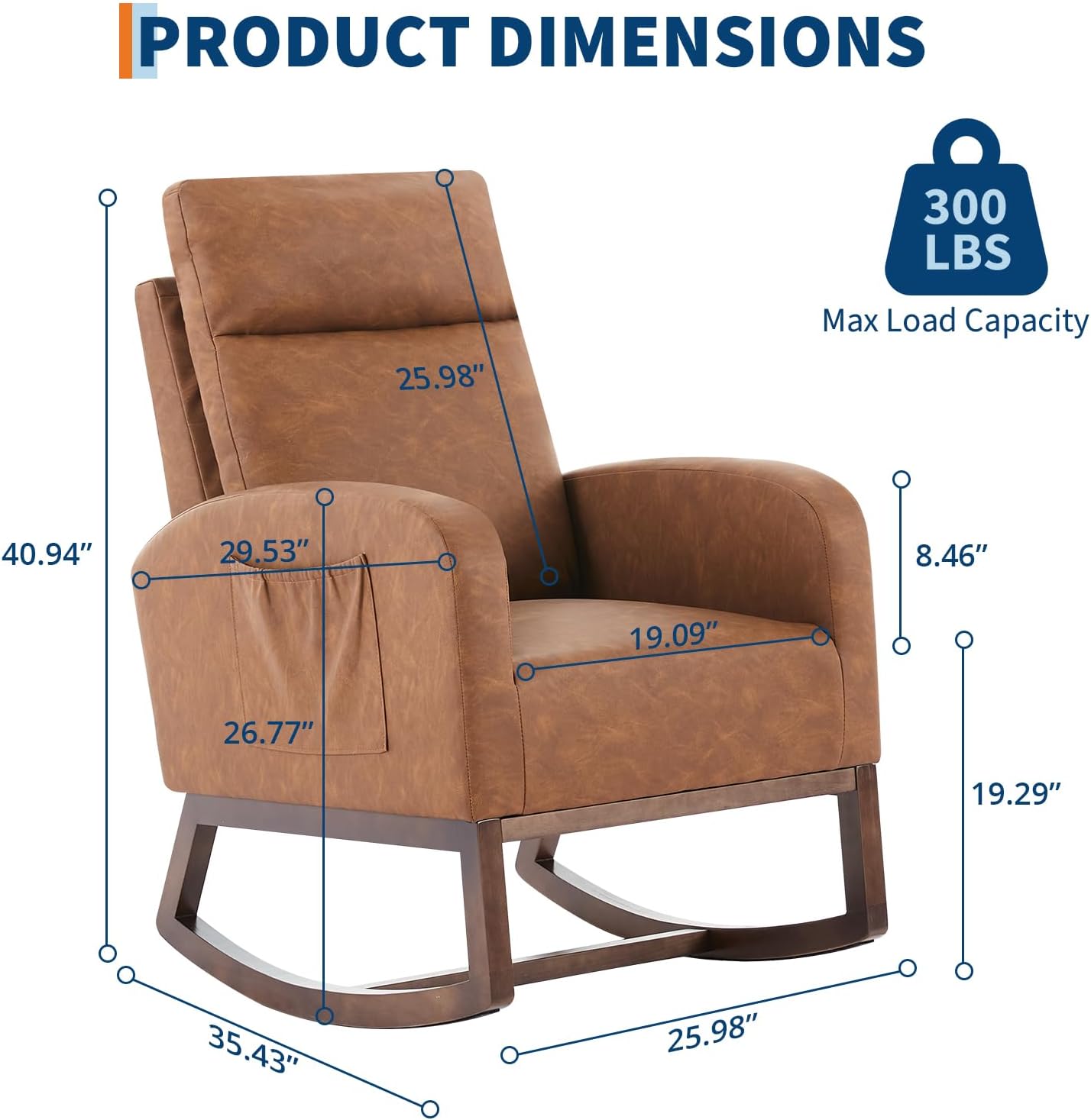 Leather Glider Chair, Modern Rocking Chair, Nursery Faux Leather Glider Chair with Rubber Wood Legs and Side Pocket, Rocking Accent Armchair for Living Room, Bedroom, Brown