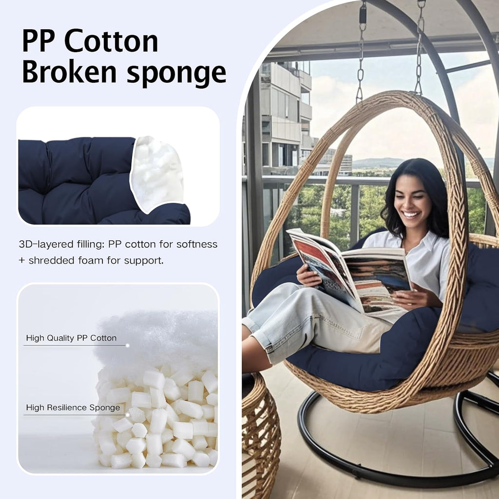 Thickened Waterproof Papasan Rocking Chair Cushion – 6.3'' Patio Egg Chair Pad with Ties, Outdoor/Indoor Rattan Hammock Chair Cushion for Porch, Garden, Balcony (Only Cushion) (Navy Blue)