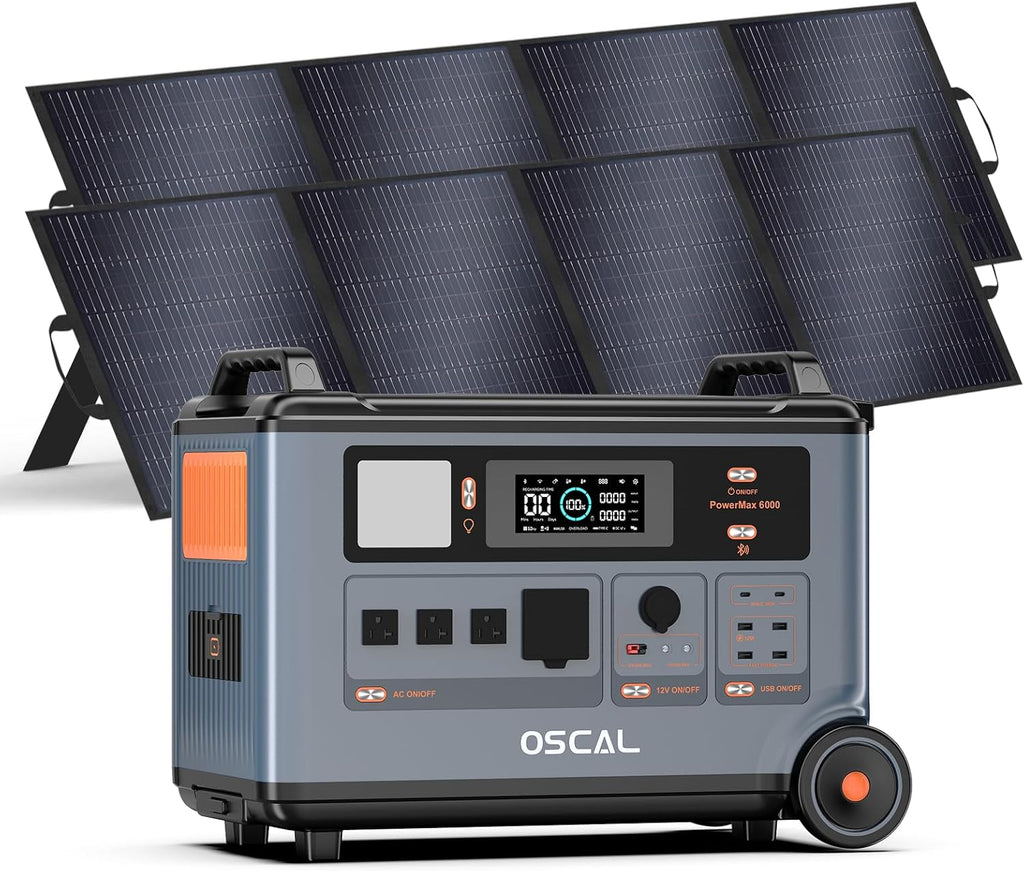 OSCAL Solar Generator 3600Wh PowerMax 6000 with 2x200W Portable Solar Panel, 120V/240V Power Station 6000W AC Outlets (9000W Peak), 2200W AC Charging/2400W Solar Charging, Home Battery Backup