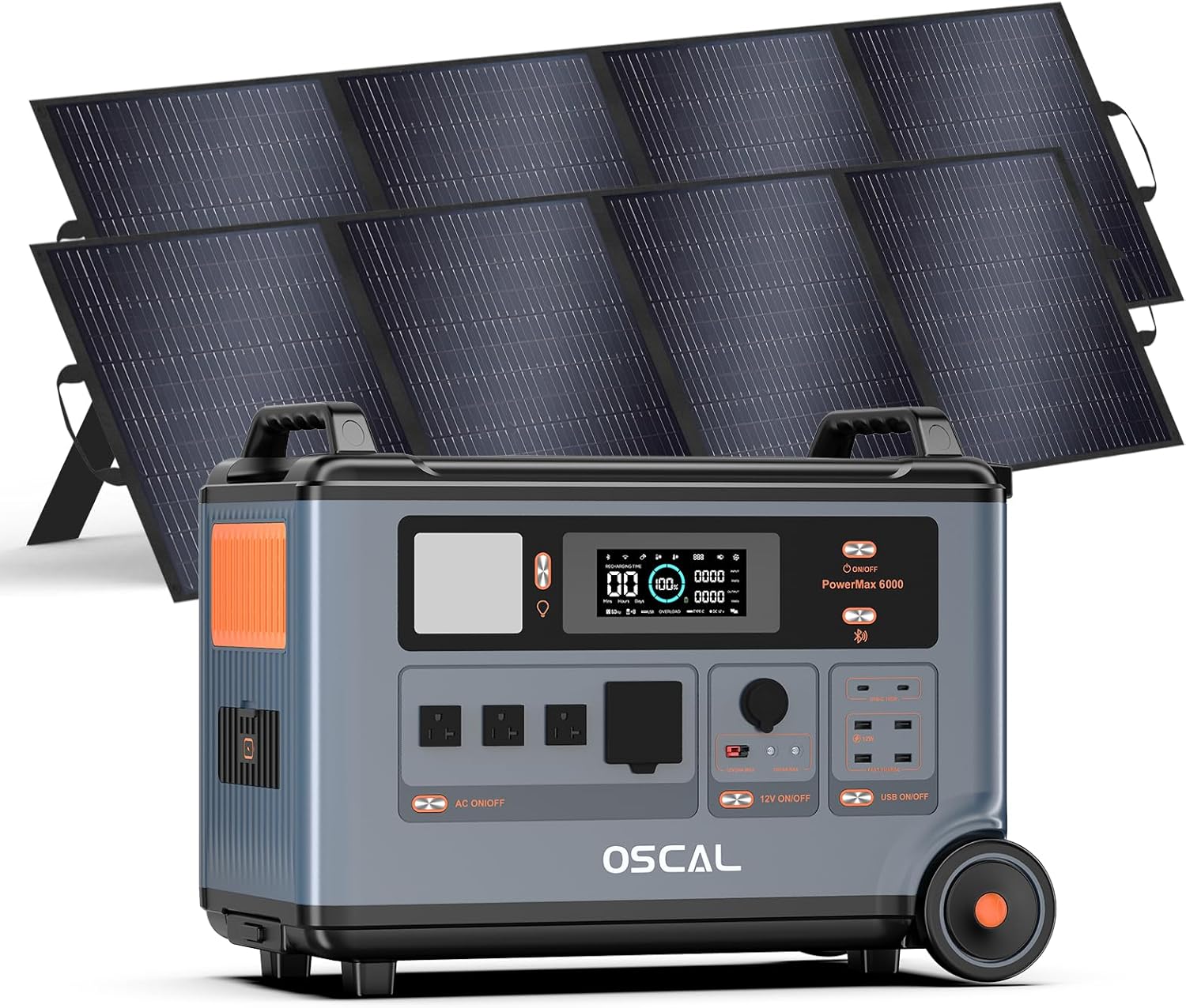 OSCAL Solar Generator 3600Wh PowerMax 6000 with 2x200W Portable Solar Panel, 120V/240V Power Station 6000W AC Outlets (9000W Peak), 2200W AC Charging/2400W Solar Charging, Home Battery Backup