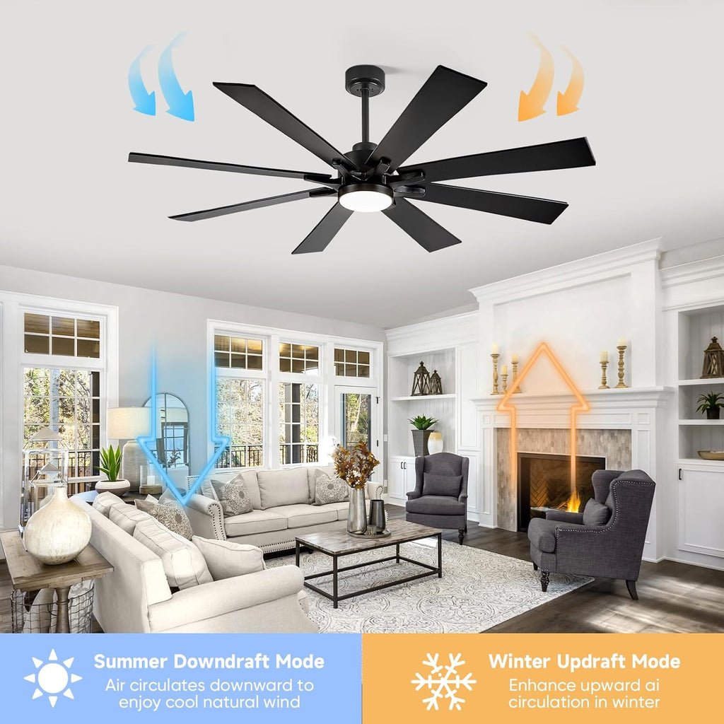 62 Inch Outdoor Ceiling Fan with Light for Patios, Black Ceiling Fan with Light, Large Damp Rated Industrial Fan with 8 Blades, Large Airflow Indoor Exterior Fans for Patios Porch Garage Office