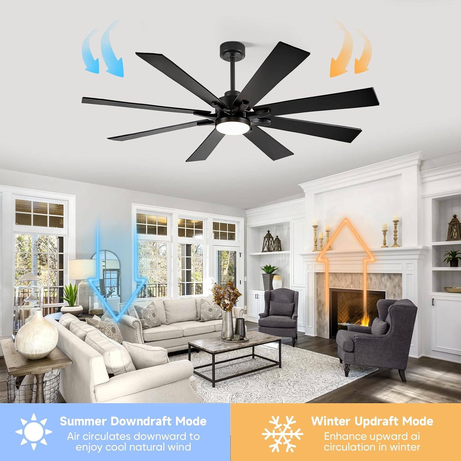 62 Inch Outdoor Ceiling Fan with Light for Patios, Black Ceiling Fan with Light, Large Damp Rated Industrial Fan with 8 Blades, Large Airflow Indoor Exterior Fans for Patios Porch Garage Office
