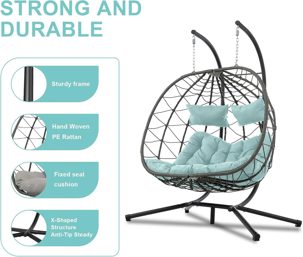 Double Egg Swing Chair with Stand, 2 Person Outdoor Indoor Hammock Hanging Chair with Cushion,Patio Wicker Hanging Egg Chair w/Cushion 700LBS Capacity for Bedroom, Balcony, Garden