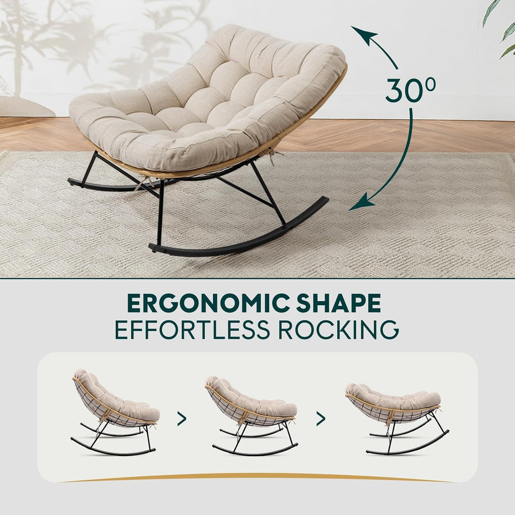 Bme Patio Rocking Chair Outdoor & Indoor, Metal Patio Lounge Rocking Chair with Thick Cushion, Comfy Modern Rocker Chair for Living Room, Porch, Backyard, Beige Cushion - Black Matte Rocker
