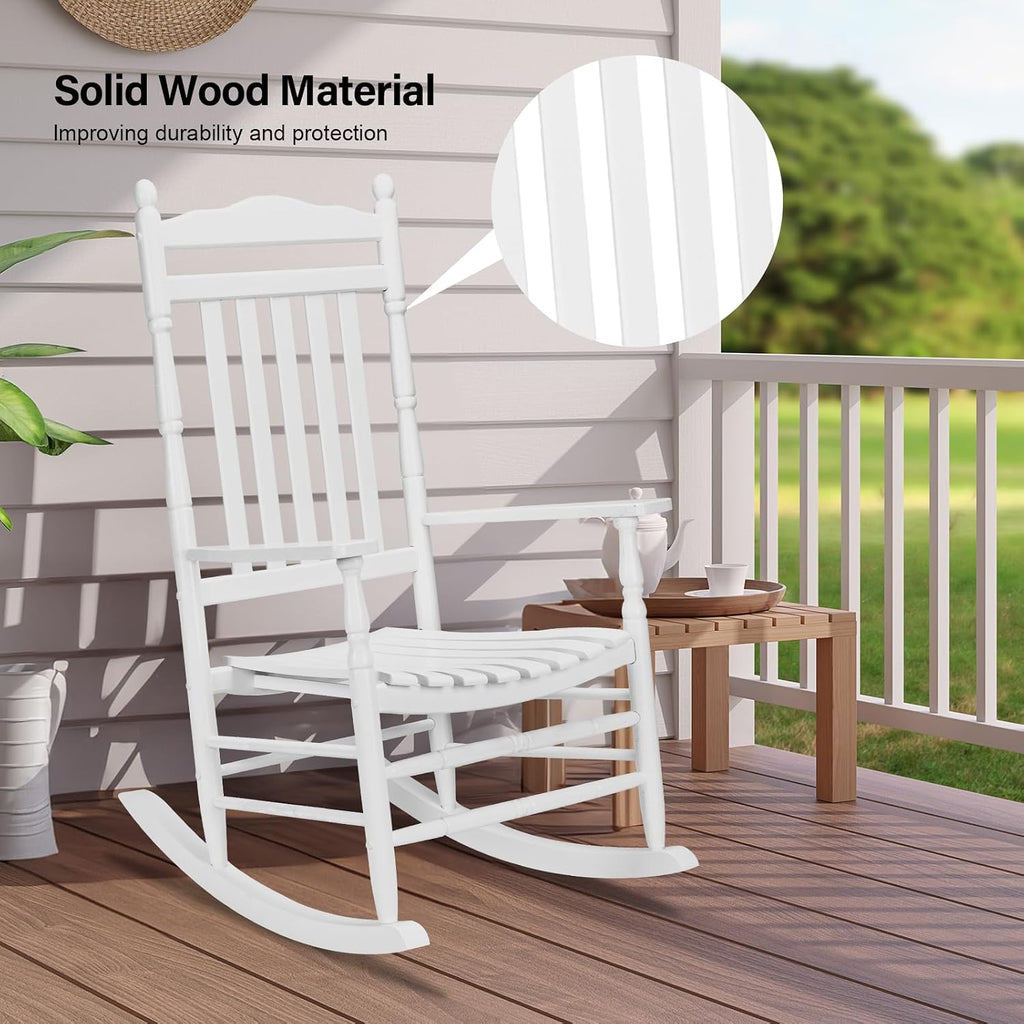 VINGLI Wooden Rocking Chair, Outdoor Chair with 450 lbs Support, Relaxing Rocker with Solid Wood High Back Seat Reclining Seat for Deck, Garden, Backyard, Porch, Indoor or Outdoor Use (White, 2PCS)