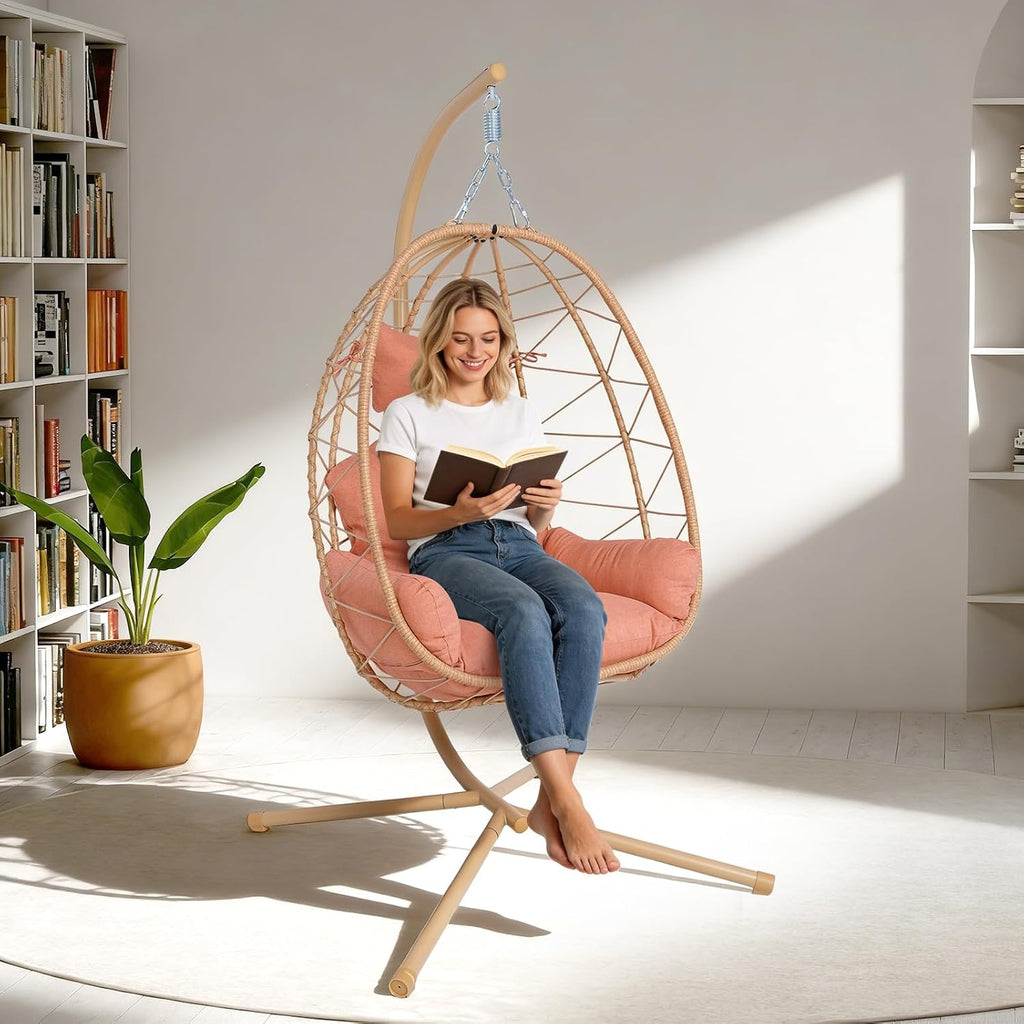 Egg Chair with Stand, Wicker Hanging Chair for Outdoor Patio, Cushioned Hammock Swing for Bedroom Garden Indoor/Outdoor, Double-Zipper Structure Hanging Egg Chair (Yellow and Orange-red)